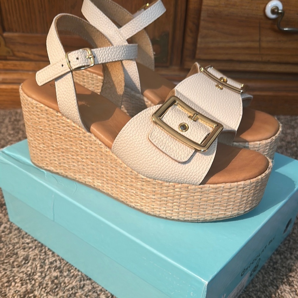 Chocolat Blu Cream Sandals with Gold Buckles